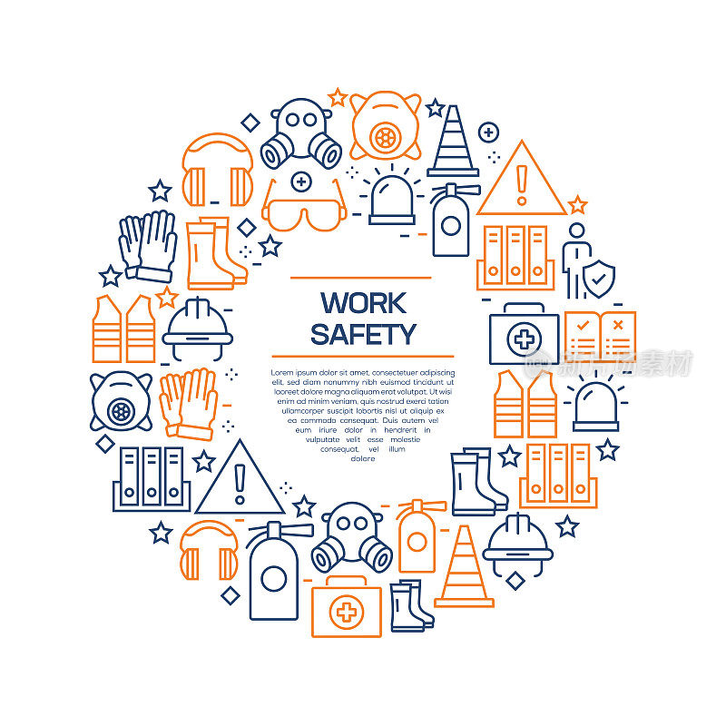 Work Safety Concept - Colorful Line Icons, Arranged in Circle